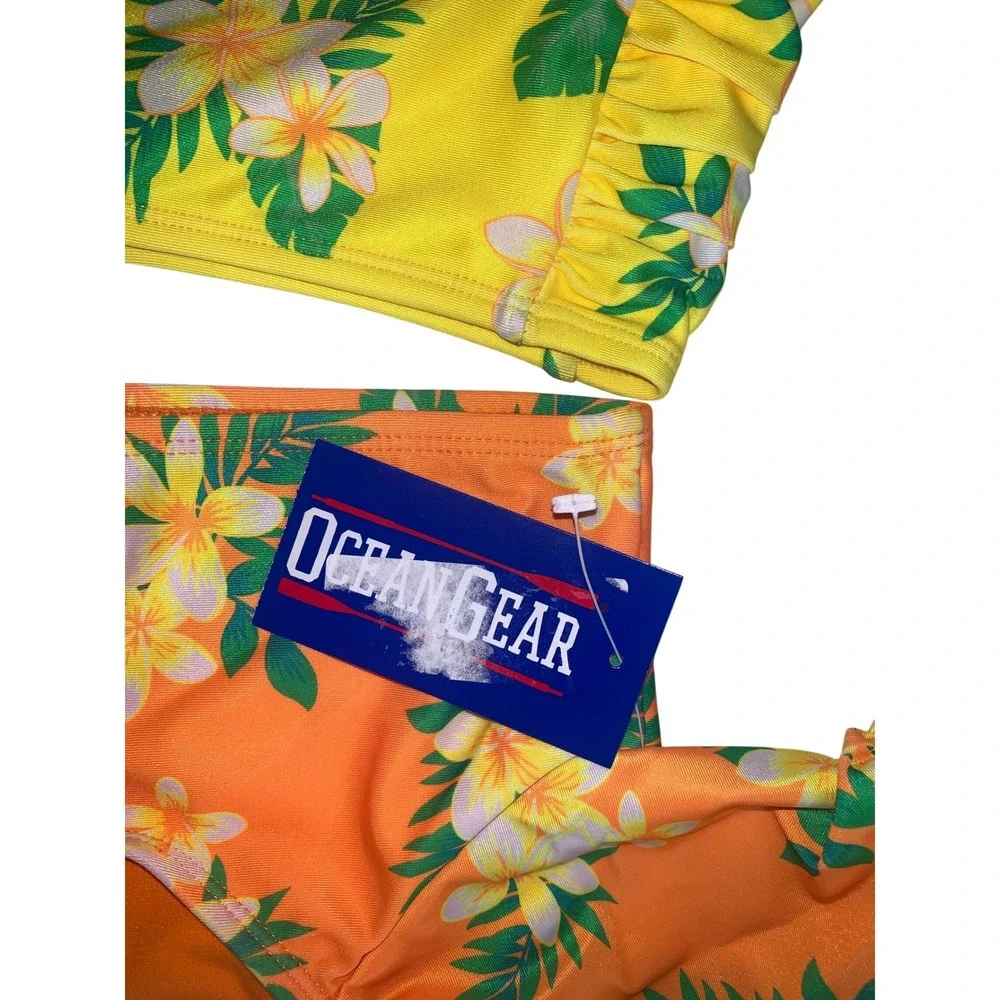 Ocean Gear Girls Orange Yellow Tropical Floral Puff Sleeve Bikini Set Size 6-6X